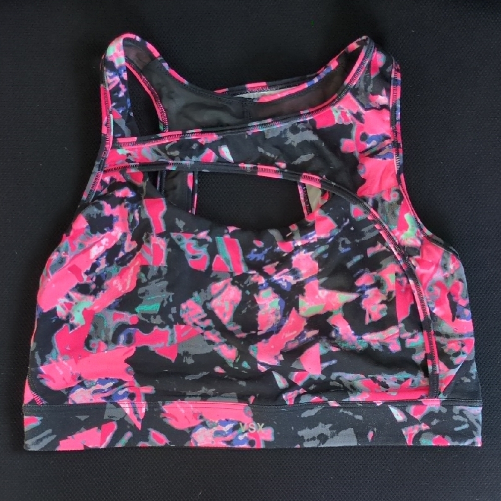 VSX Bold Pink and Black Assymetrical Cut Out Razorback Sports Bra